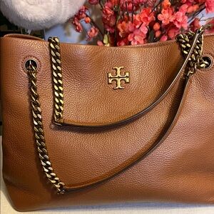 Tory Burch Caramel Pebbled Leather Tote with Gold Chain Straps